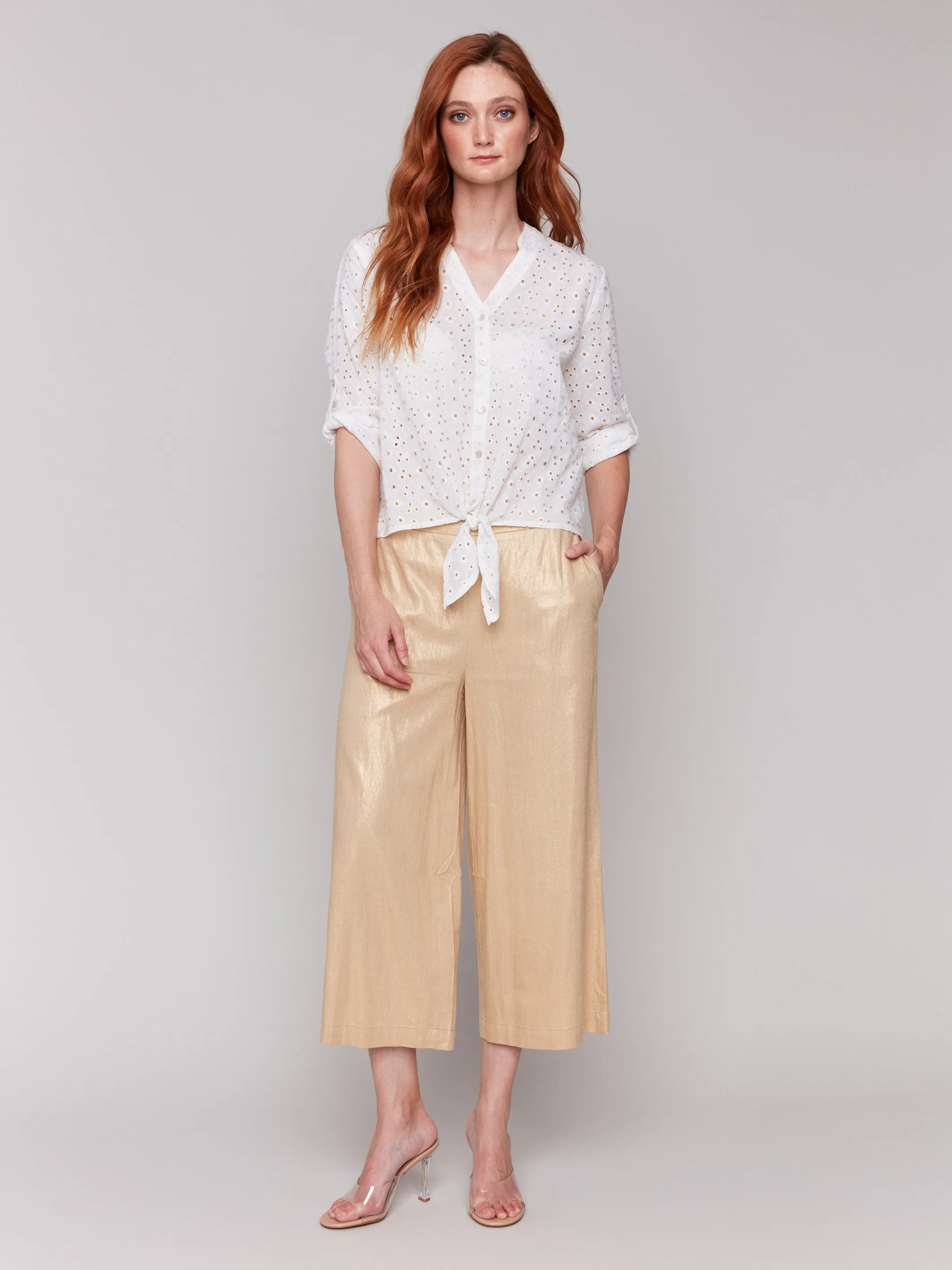 Contrast Trim Foil Linen Blend Cropped Pull-On Pants - Gold