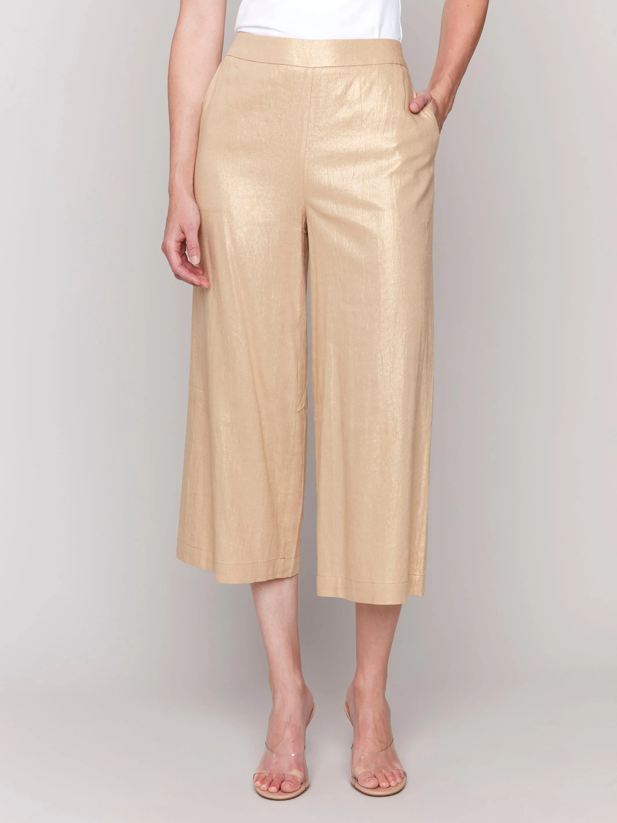 Foil Linen Blend Cropped Pull-On Pants - Gold Lightweight Construction