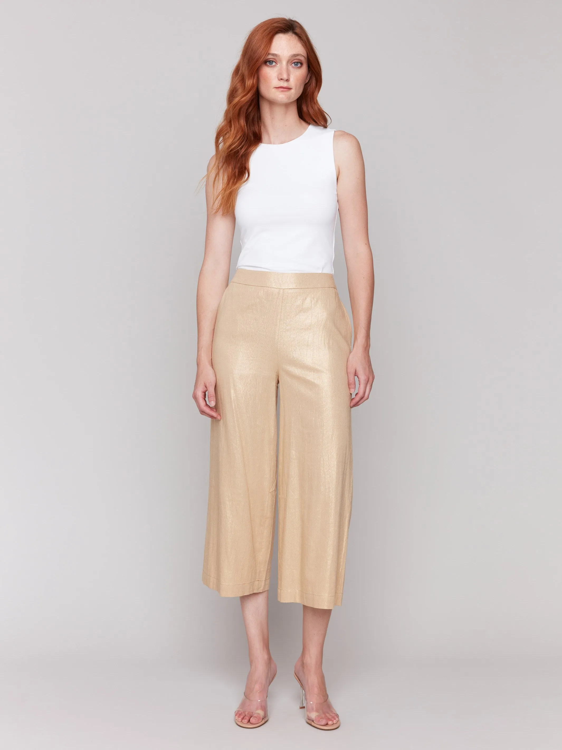 AntiStaticTreatment Core Flex Foil Linen Blend Cropped Pull-On Pants - Gold
