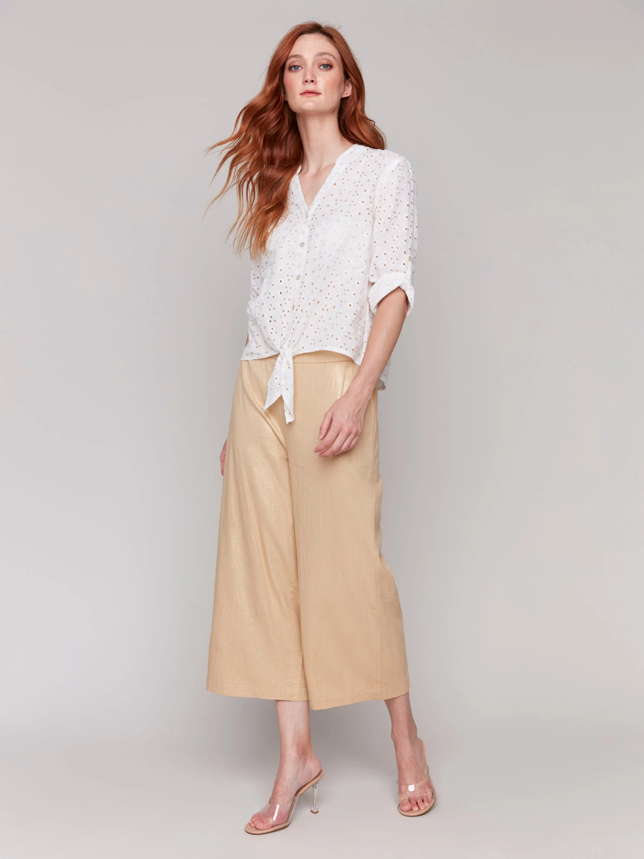 Foil Linen Blend Cropped Pull-On Pants - Gold Sporty Comfort Wear Belt loops