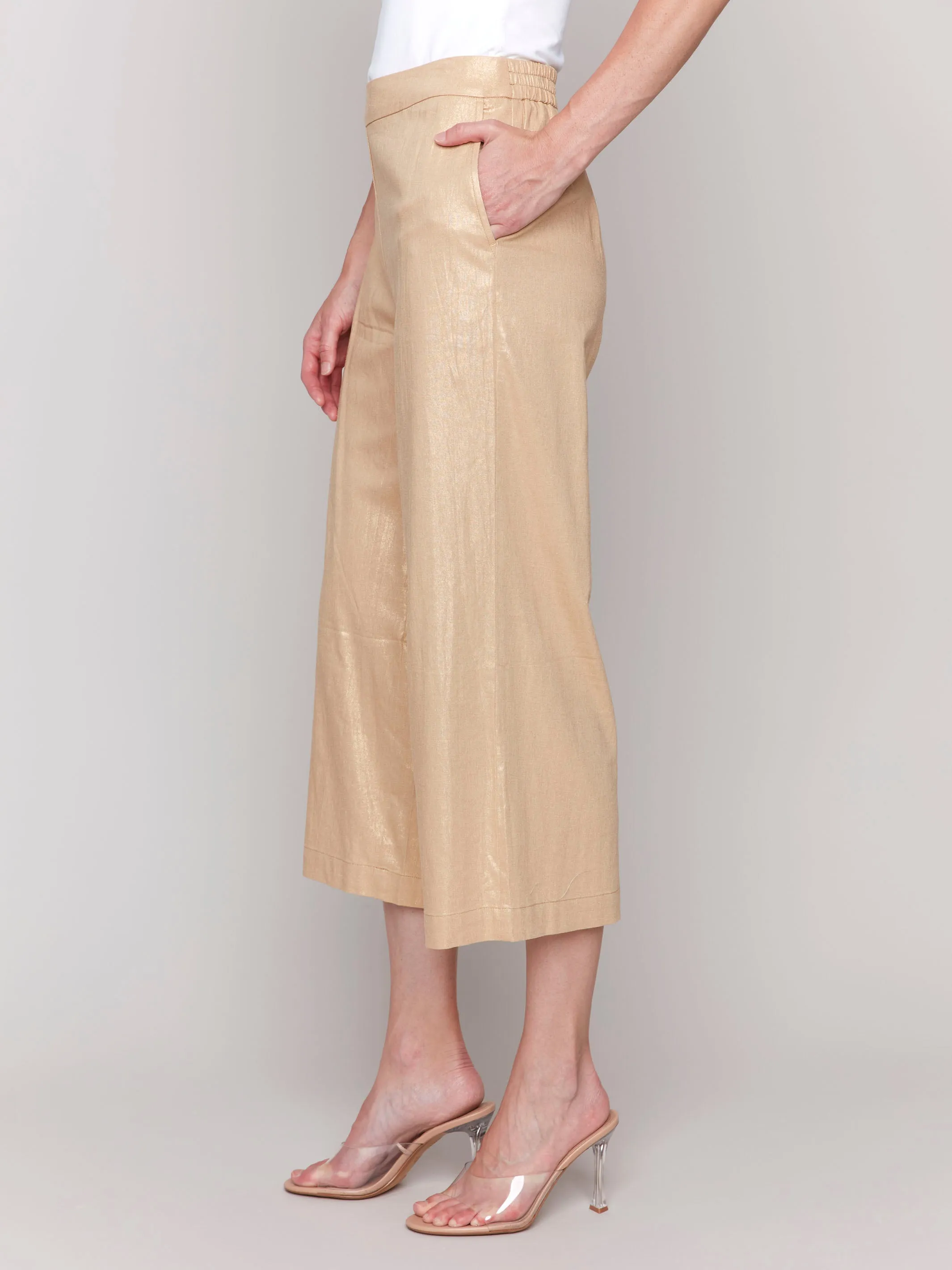 Go Anywhere Foil Linen Blend Cropped Pull-On Pants - Gold