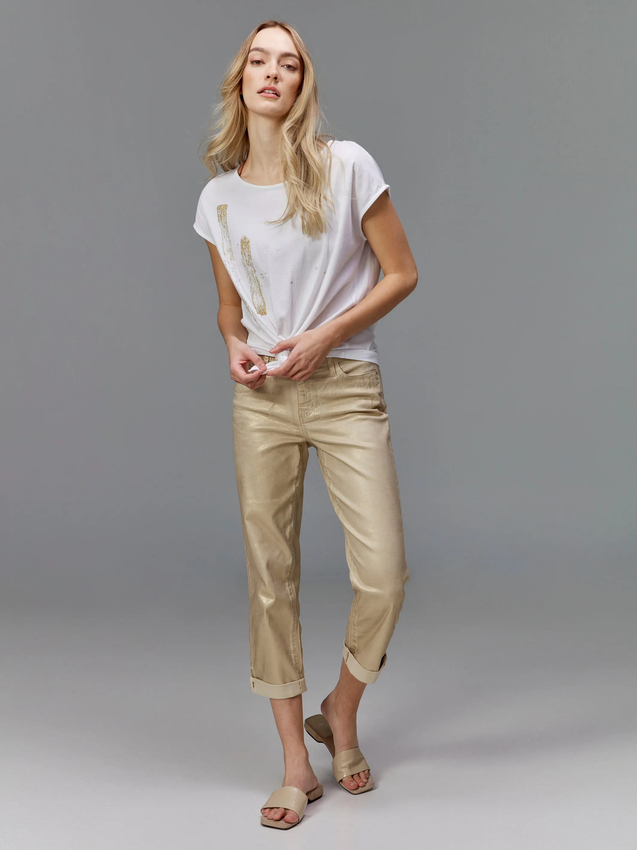 EcoFriendlyMaterial Foil Print Front Knot Top - Metallic