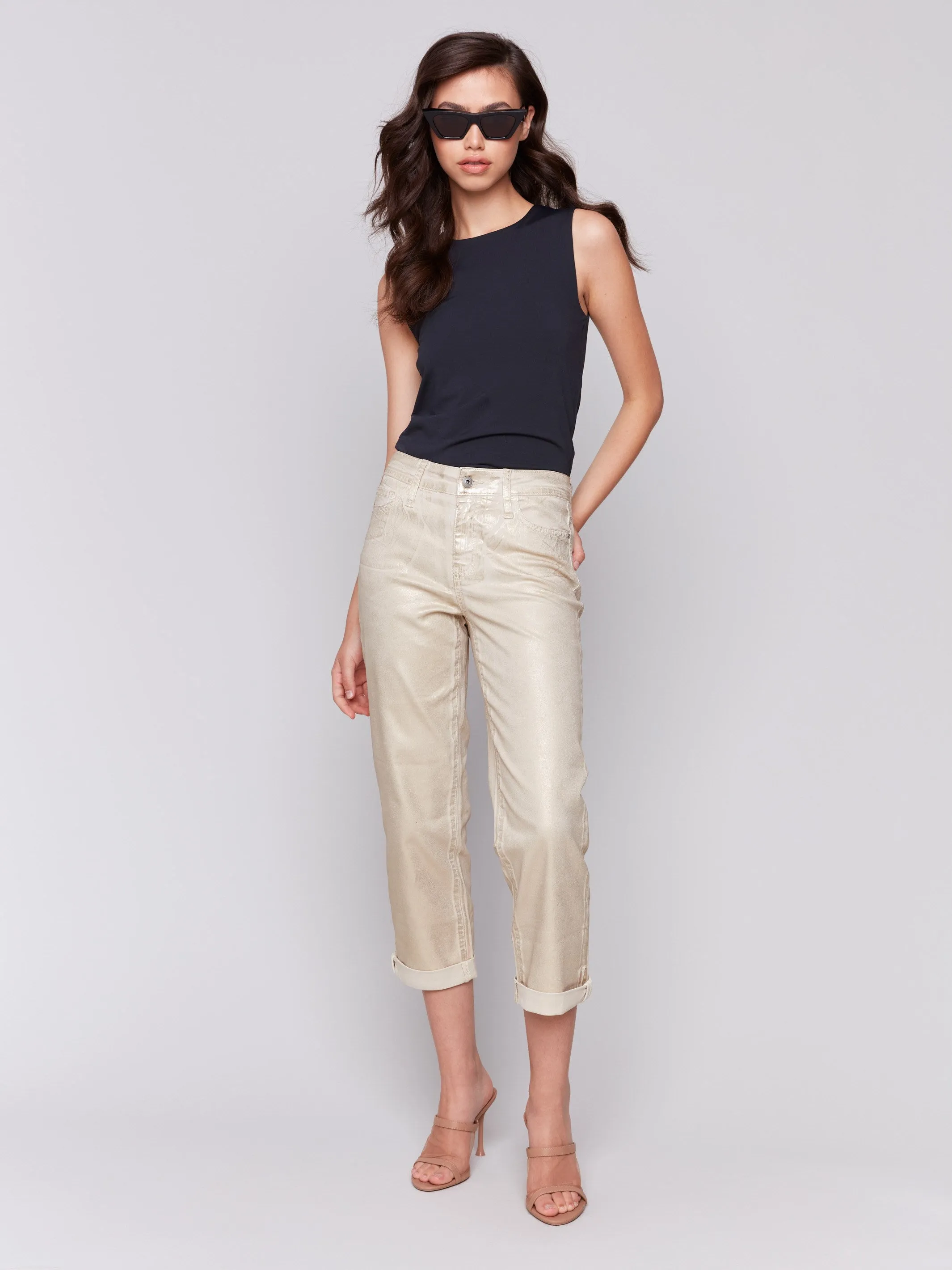 Foiled Straight Leg Pants with Cuffed Hem - Natural All Purpose Wear