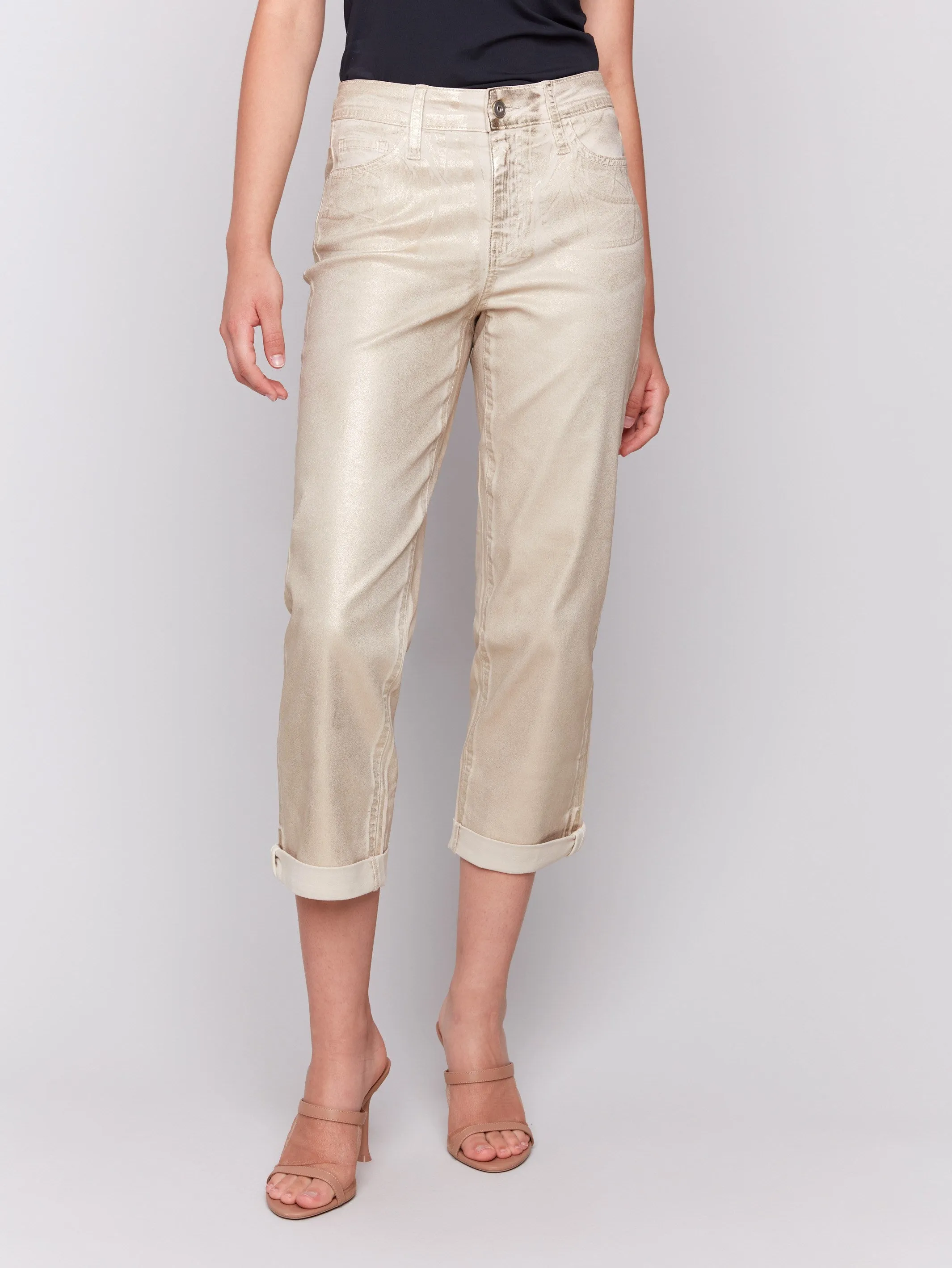 Foiled Straight Leg Pants with Cuffed Hem - Natural LowProfileTopstitching