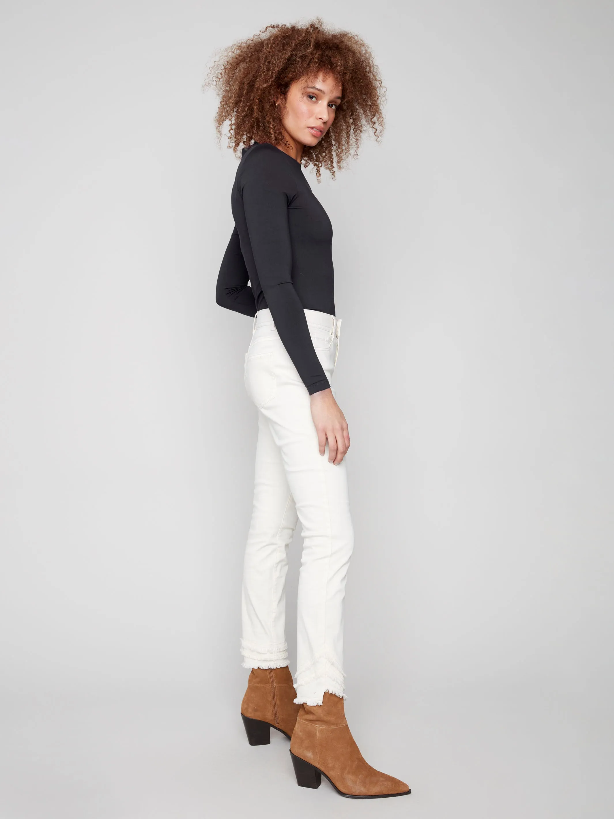 Frayed Hem Twill Pants - Natural Perfect Look