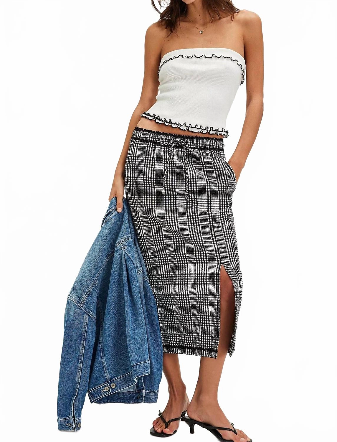Free People Penelope Gingham Midi Skirt In Black Combo Soft Palette