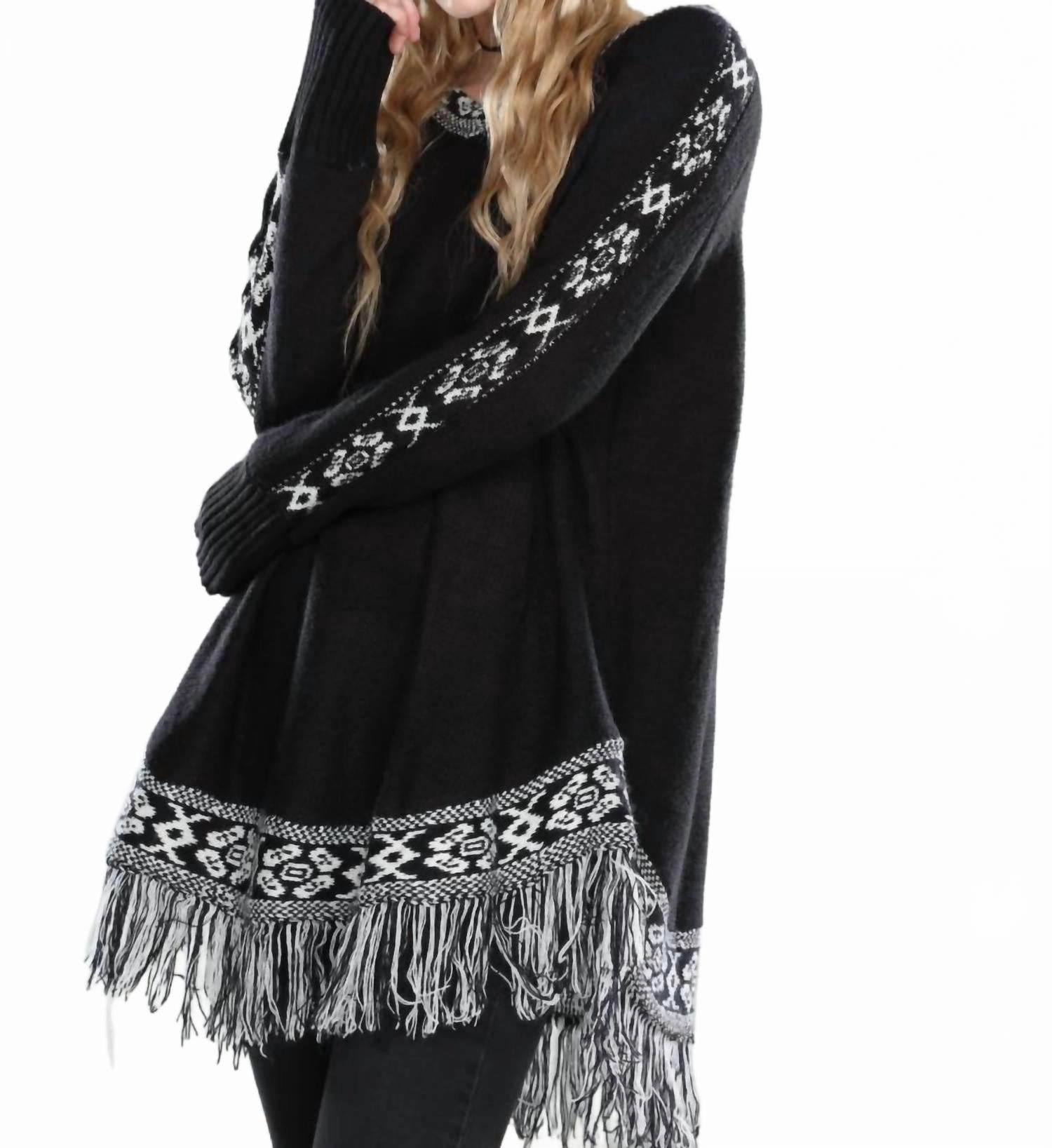 Fringed Sweater Tunic In Black Functional Fashion Light Warmth