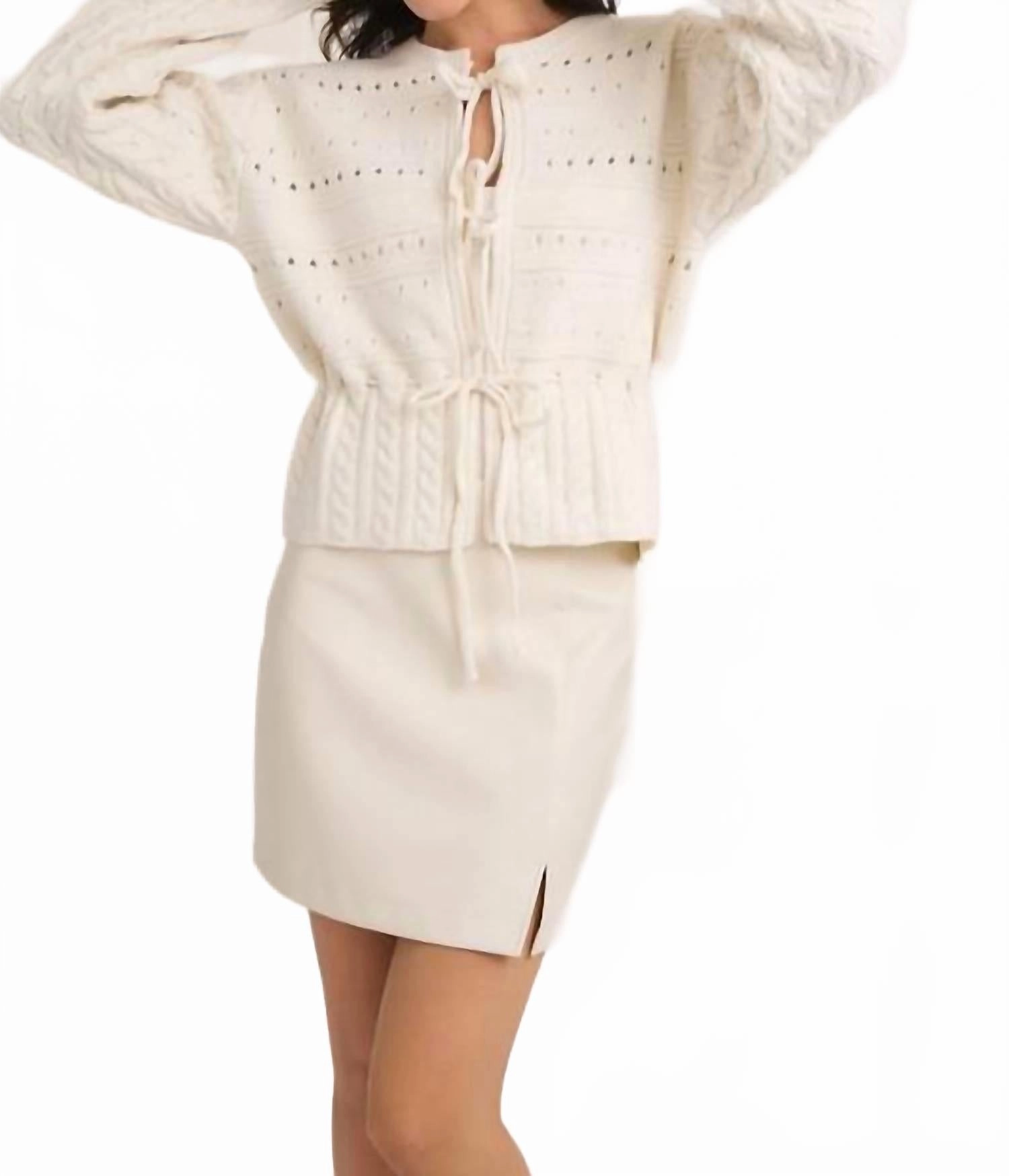 Front Ties Long Sleeve Open Knit Sweater Cardigan In White Classic Look