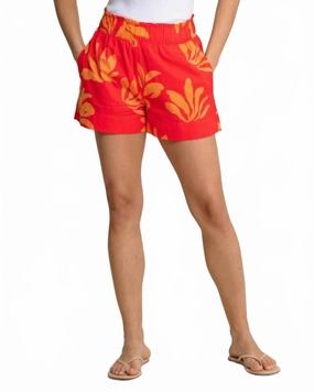 Elyse Leafy Luxe Printed Shorts In Poppy Red AdjustableDrawstring Soft Texture