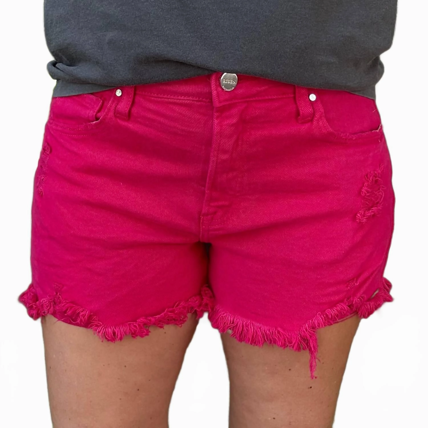 agriculture industry Rebecca Mid Rise Fuchsia Denim Shorts In Pink