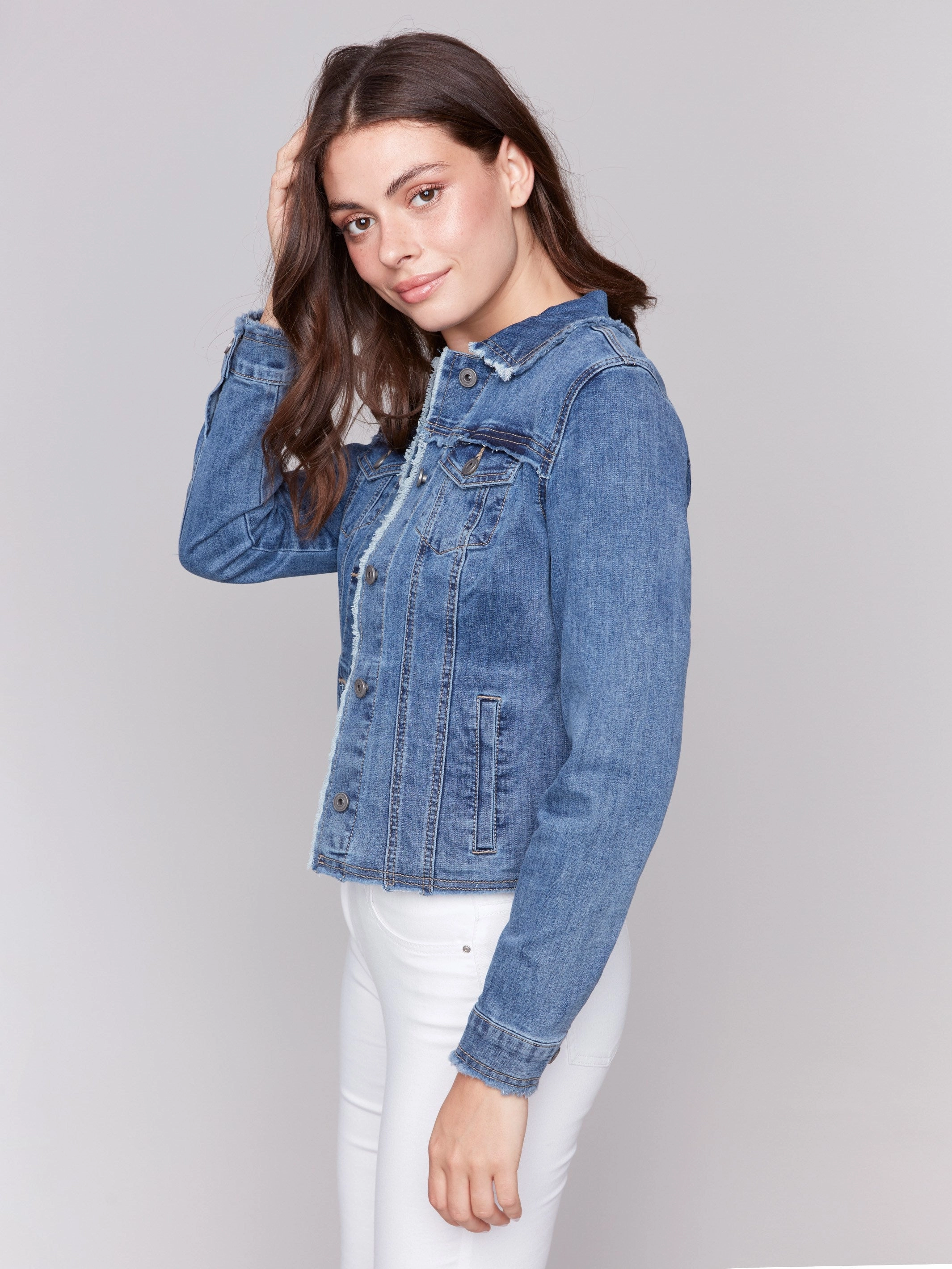 Frayed Edge Stretch Denim Jacket - Medium Blue Heavyweight Durability