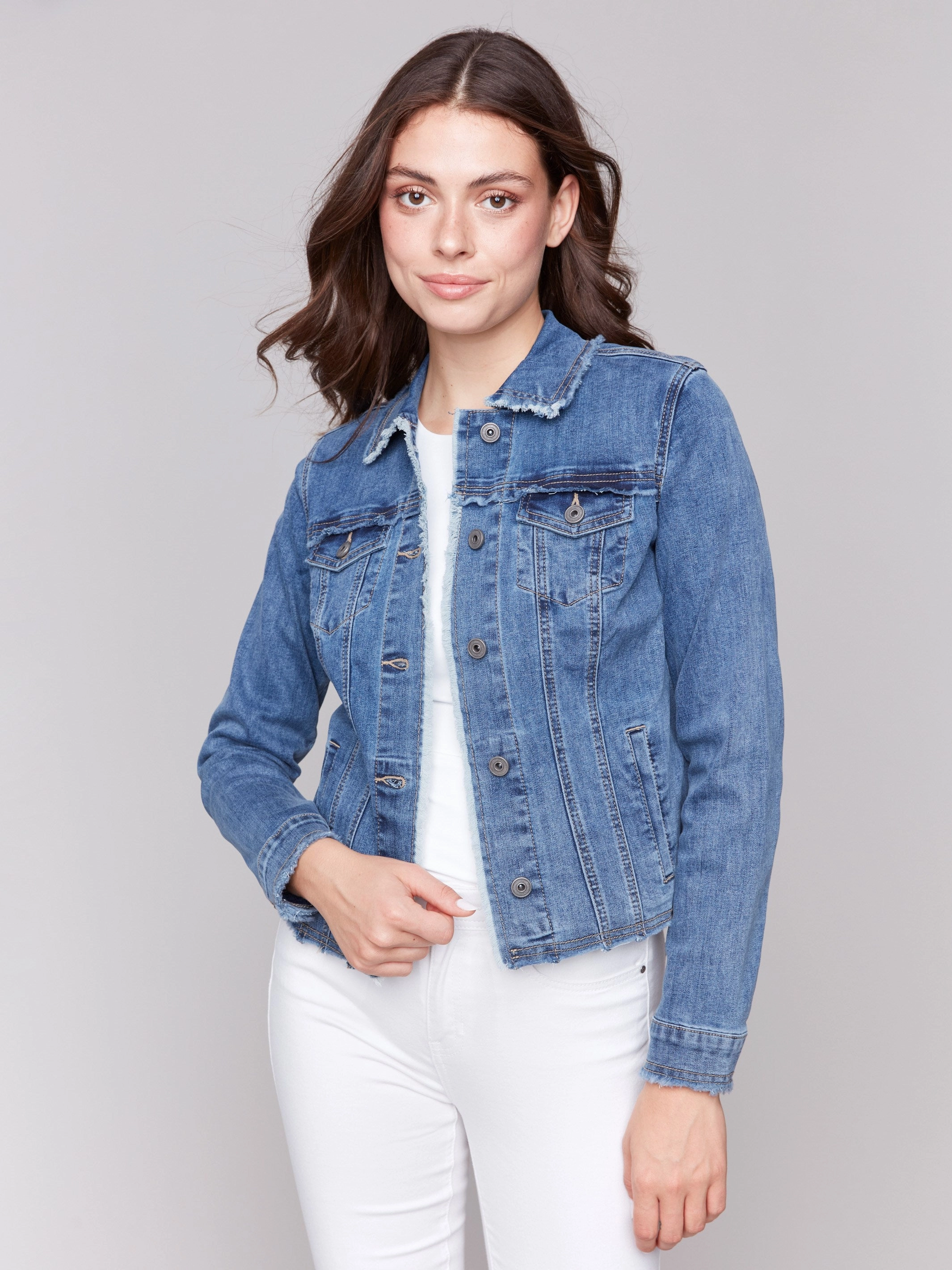 Frayed Edge Stretch Denim Jacket - Medium Blue Smart Design Abrasion Resistant Edging