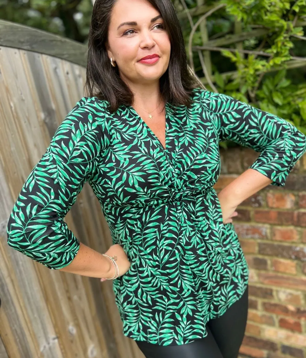Wind Resistant Fabric Green Leaf Print Twist Front Tunic Top