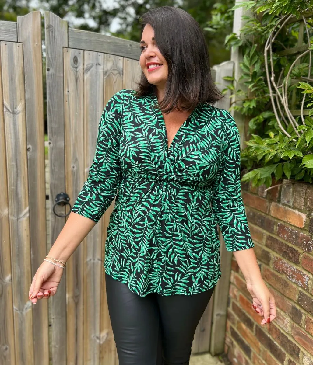 Regular Fit Green Leaf Print Twist Front Tunic Top