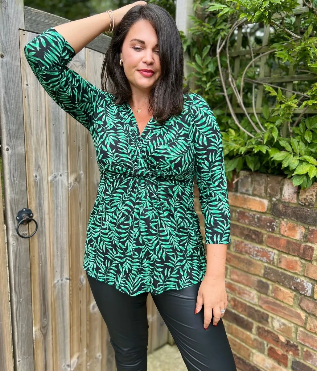 Green Leaf Print Twist Front Tunic Top AbrasionResistant SoftFeel Fabric