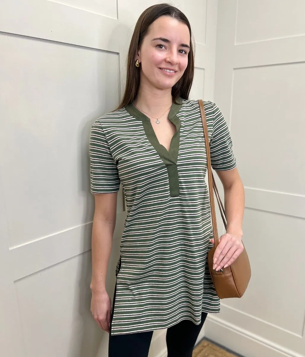 Ribbed Hem Minimalist Silhouette Cut Green Metallic Stripe Tunic Top