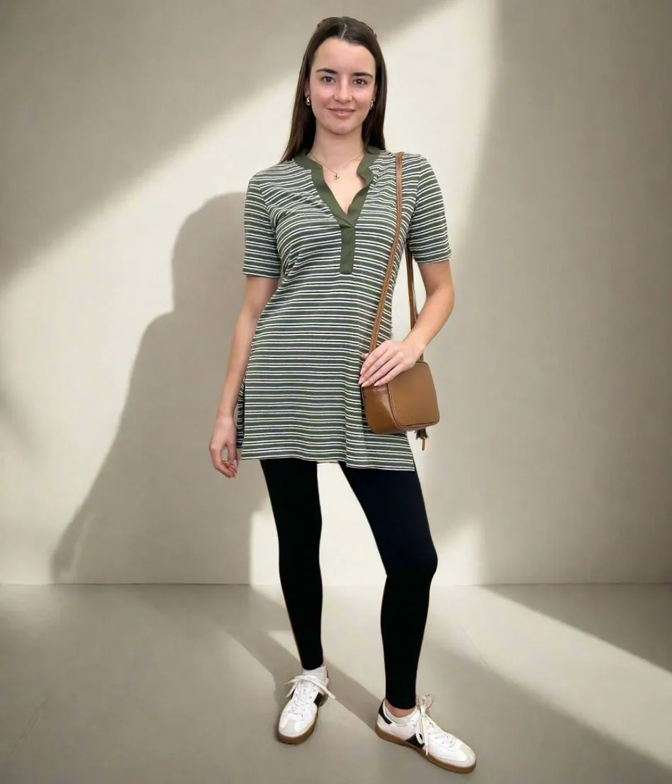 Green Metallic Stripe Tunic Top AdjustableDrawstring