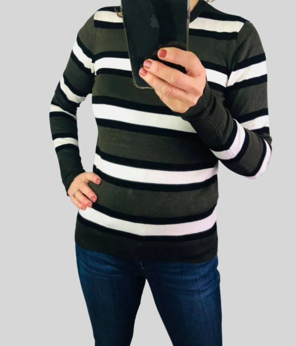 Green & Black Striped Jumper Comfy Performance Outdoor Layers