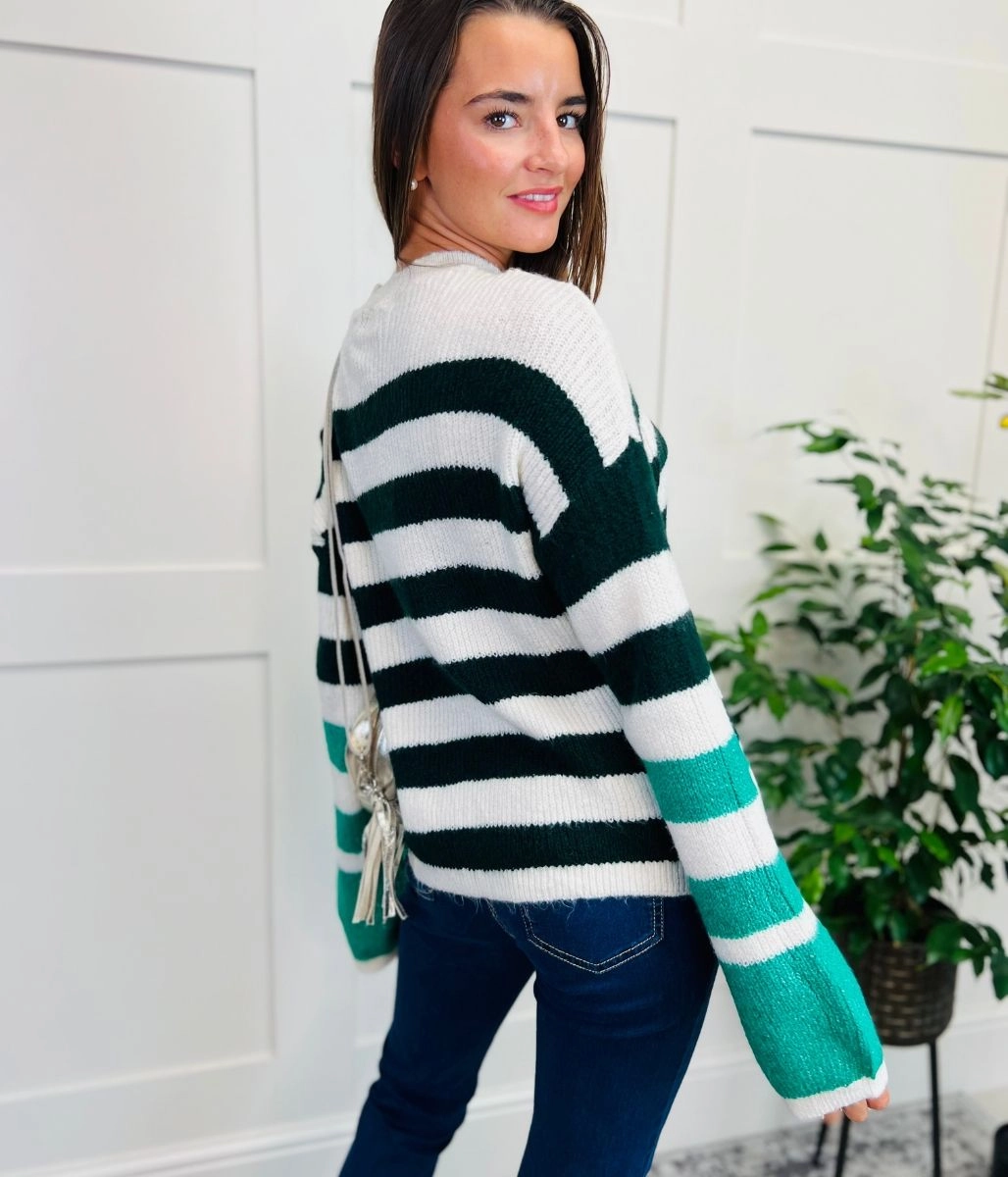 Green Contrast Stripe Knitted Jumper Snuggly Knit