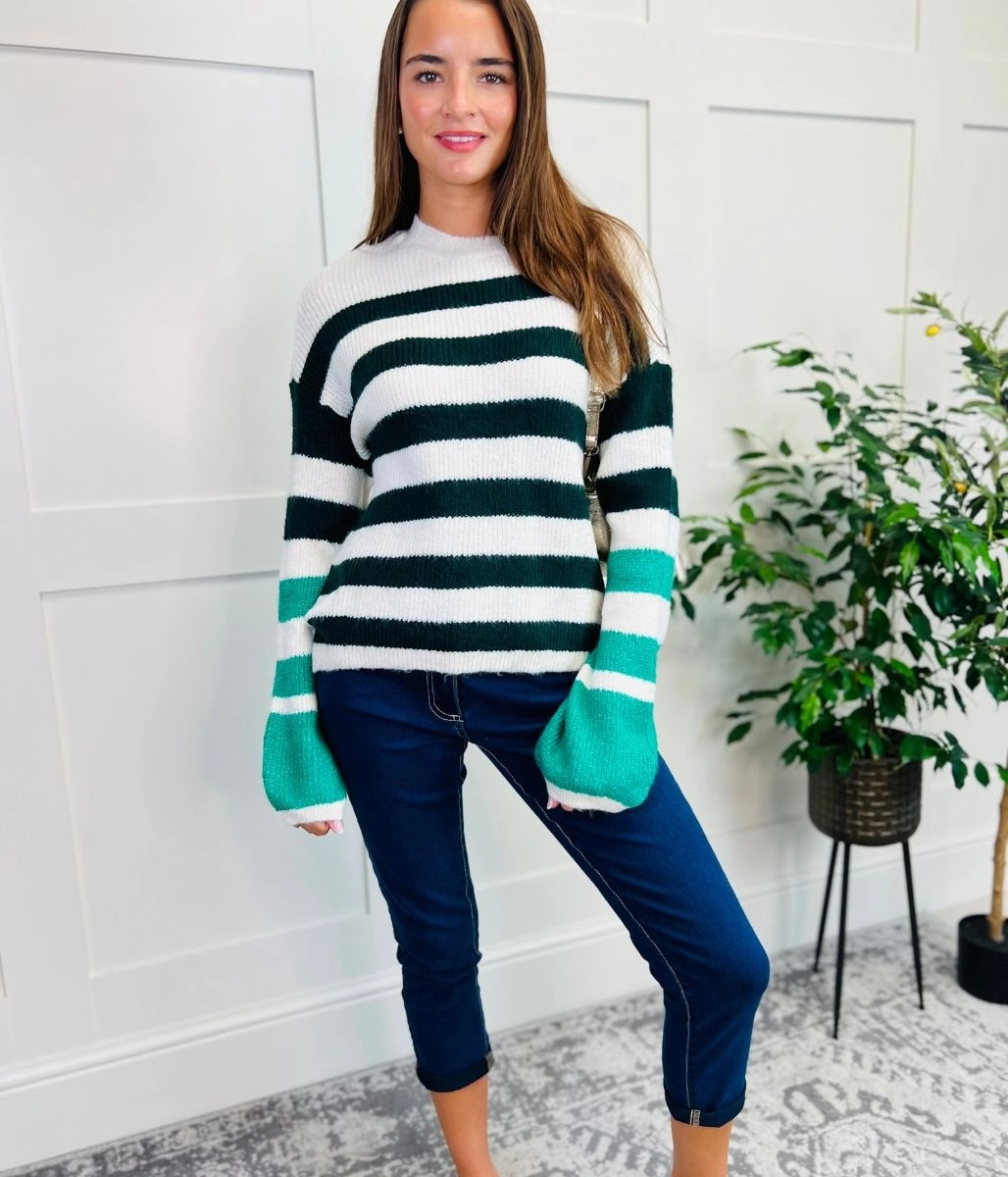 Soft Knit Wear Green Contrast Stripe Knitted Jumper