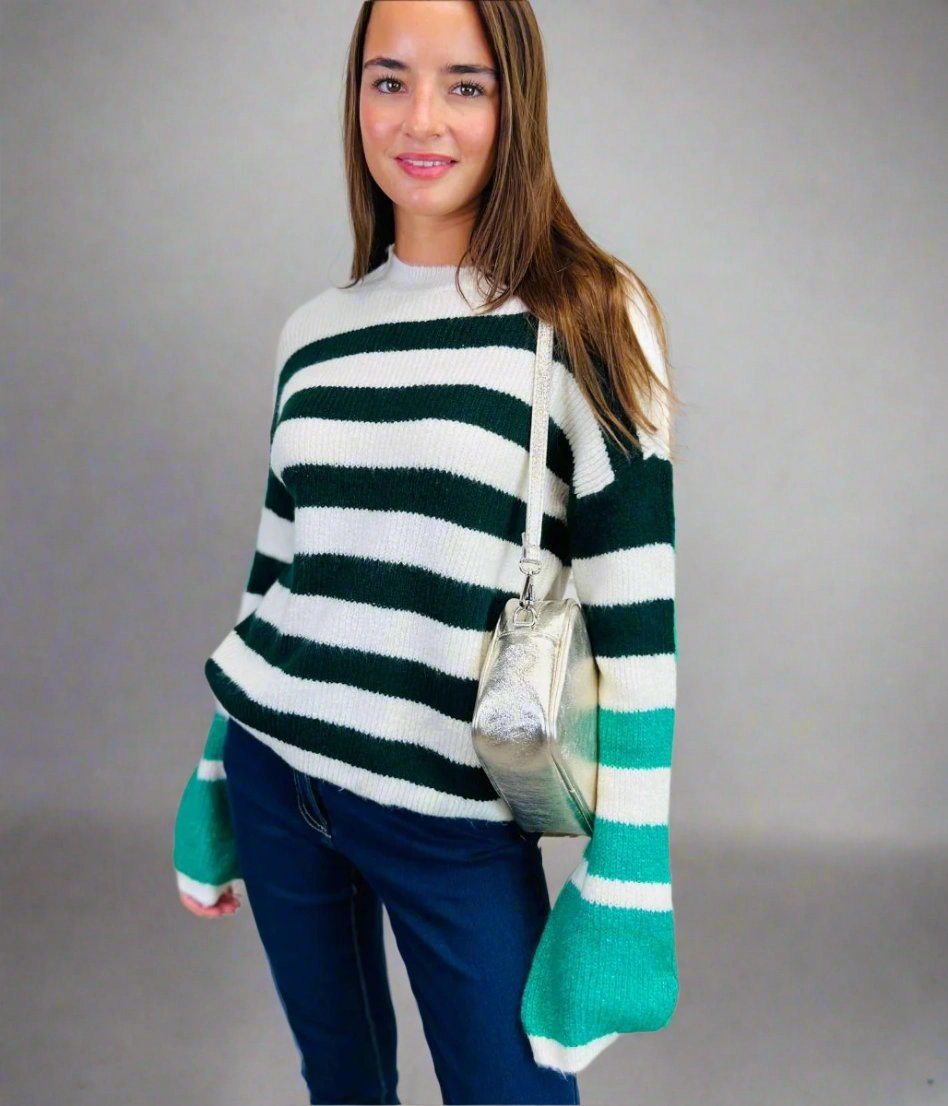 Green Contrast Stripe Knitted Jumper Cozy Piece Comfy Warmth