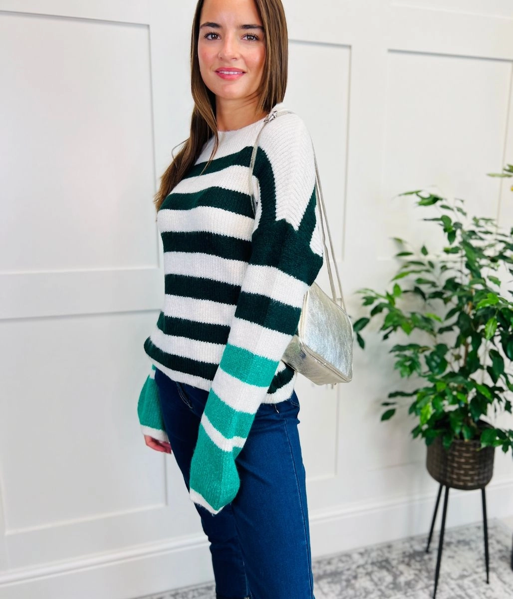 Green Contrast Stripe Knitted Jumper High Twist Yarn Structure