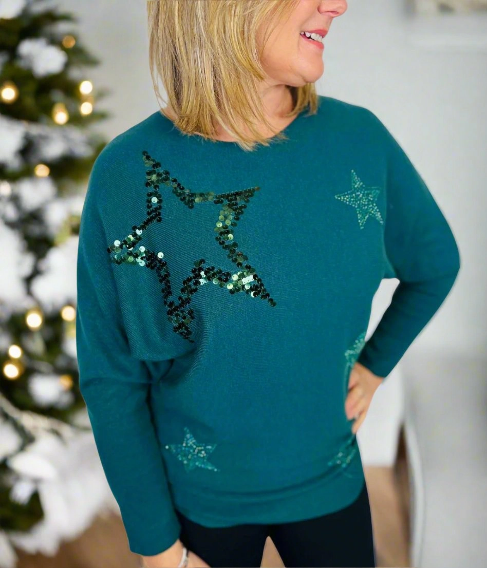 Cozy Warm Layer Green Embellished Star Christmas Jumper