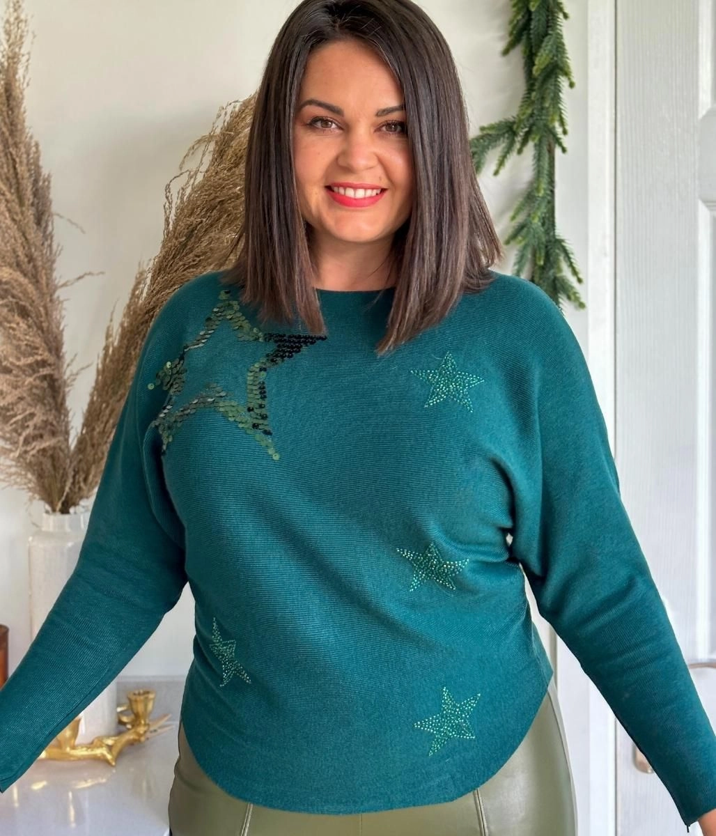 Easy Layering Green Embellished Star Christmas Jumper