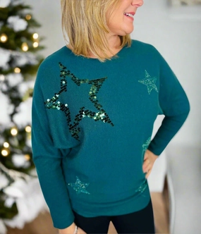 Cozy Warm Layer Green Embellished Star Christmas Jumper
