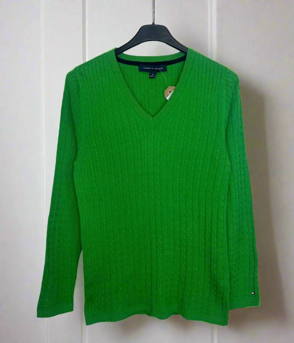 Green V Neck Cable Twist Jumper Warm Knitwear