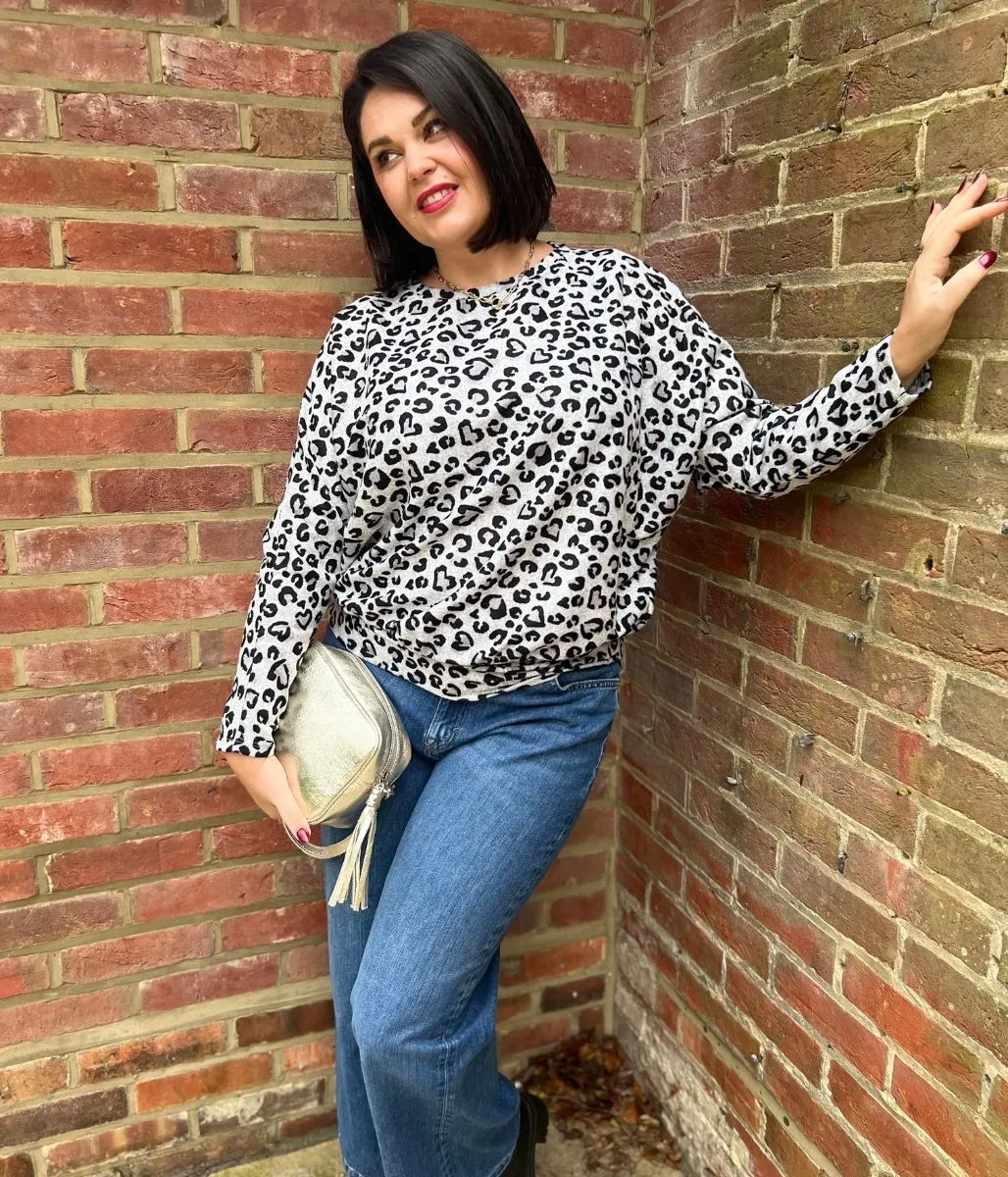 Grey Leopard Print Batwing Top Bonded Seam Technique Athletic Wear