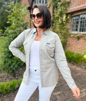 Grey Wrangler Double Stitch Denim Shirt High Collar Protection Design