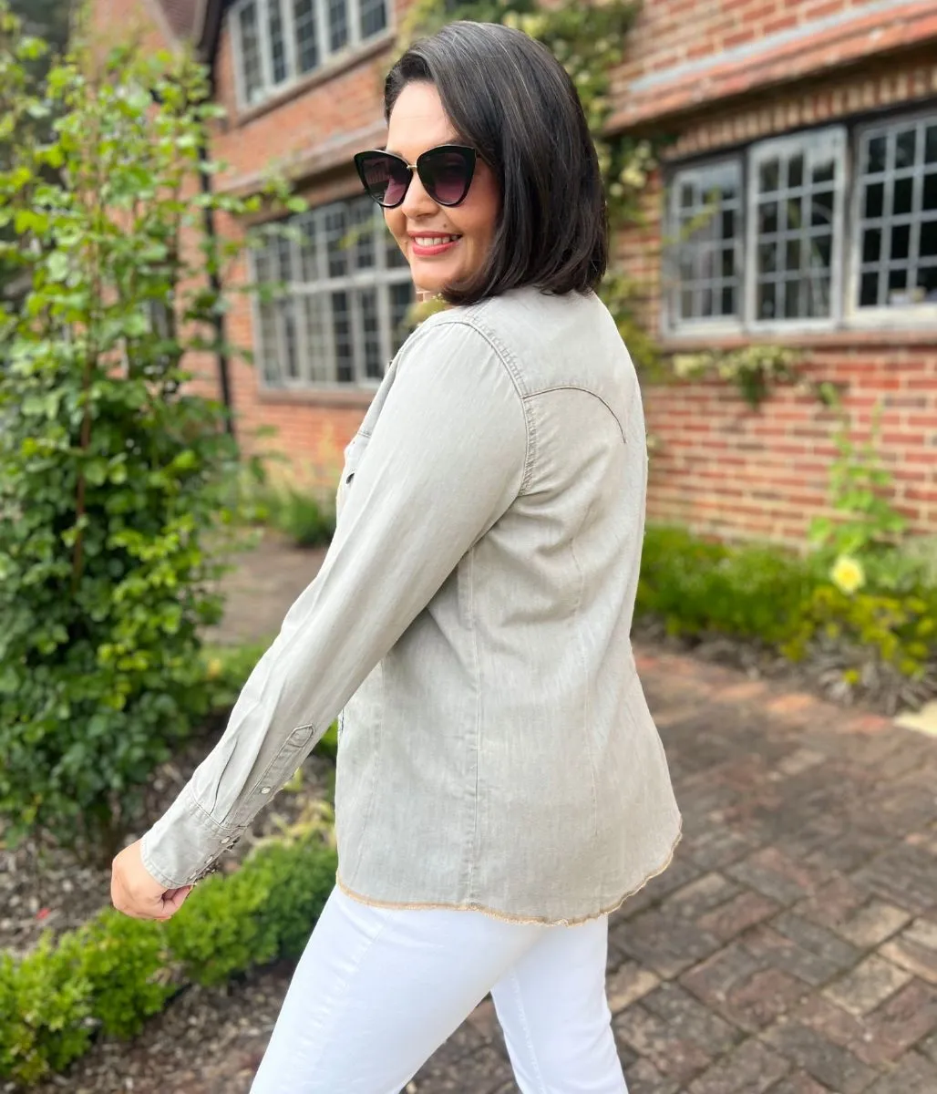 Grey Wrangler Double Stitch Denim Shirt HighNeck MinimalistCut