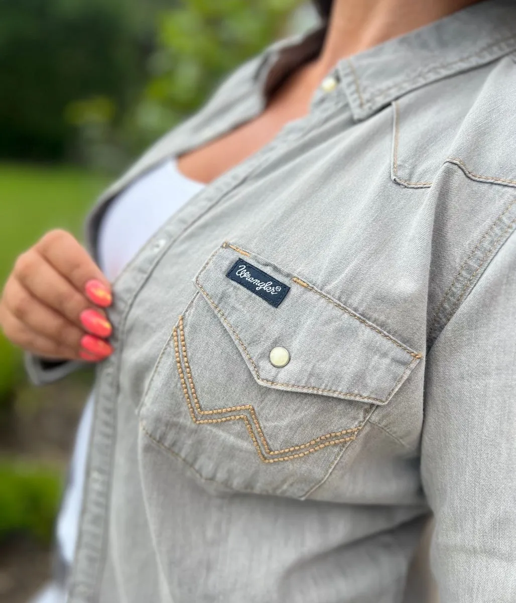 Fashion Blouse Grey Wrangler Double Stitch Denim Shirt