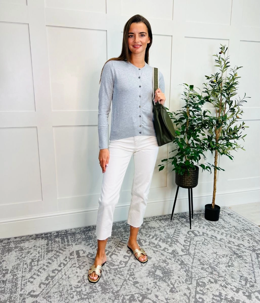 Grey Classic Round Neck Cardigan Seasonal Comfort Relaxed Stretch