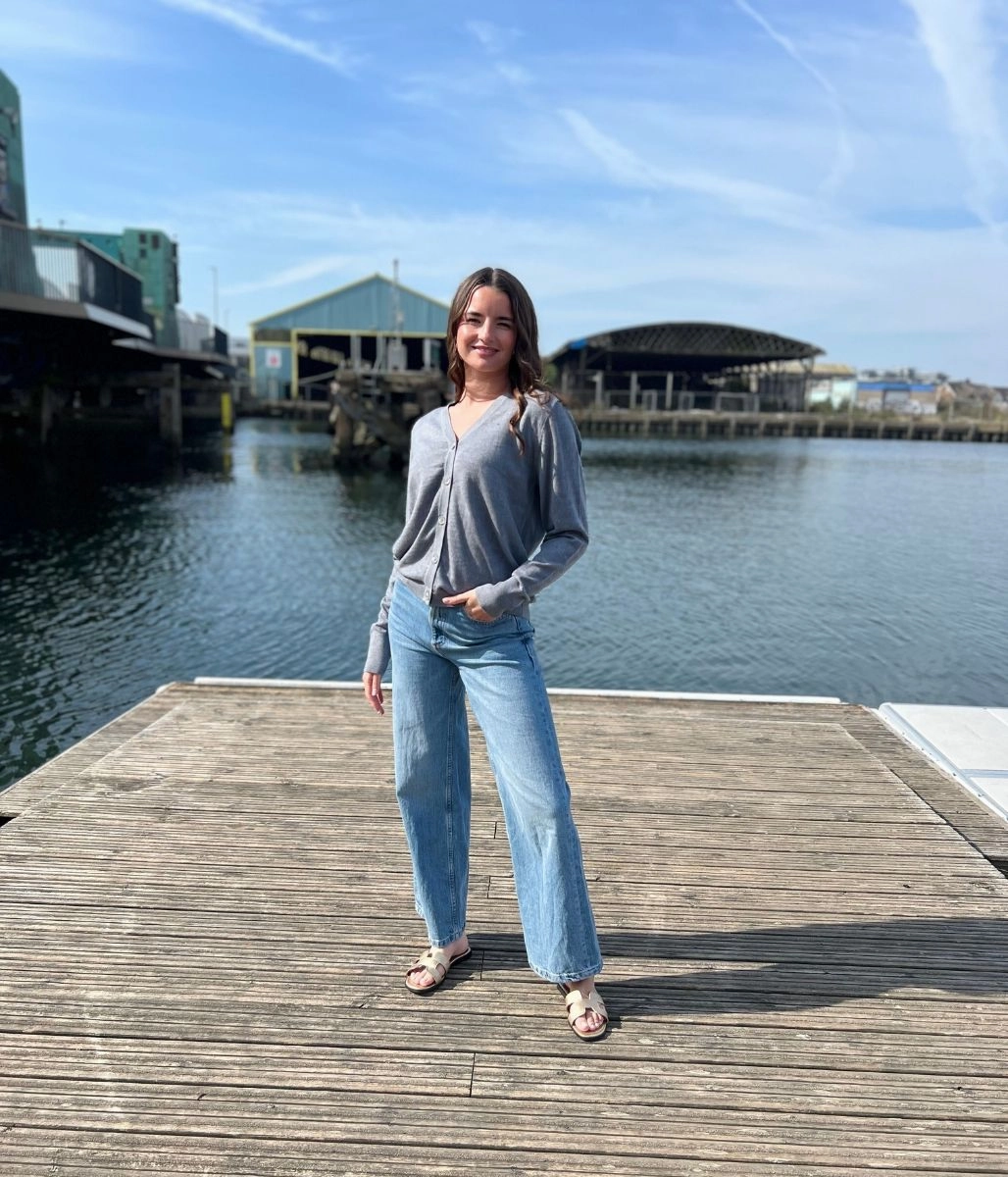 Grey Merino Wool Cardigan Double Layered Collar