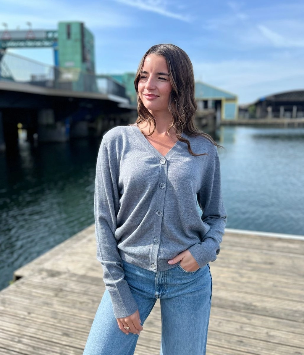 Grey Merino Wool Cardigan Layered Wear Multi Panel Construction