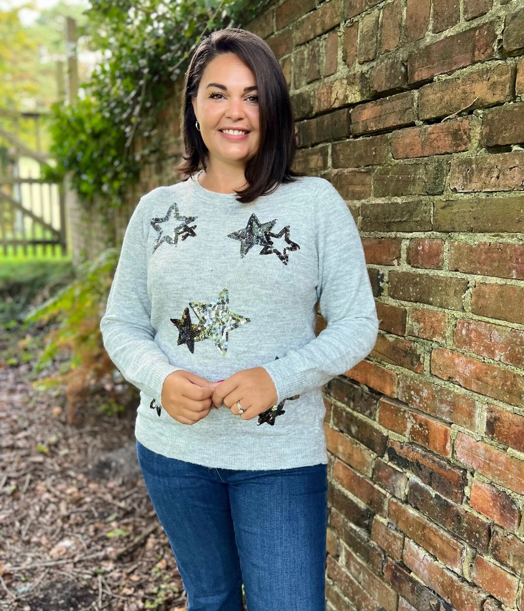 Ultra Soft Merino Blend Quick Access Grey Star Sparkle Sequin Jumper