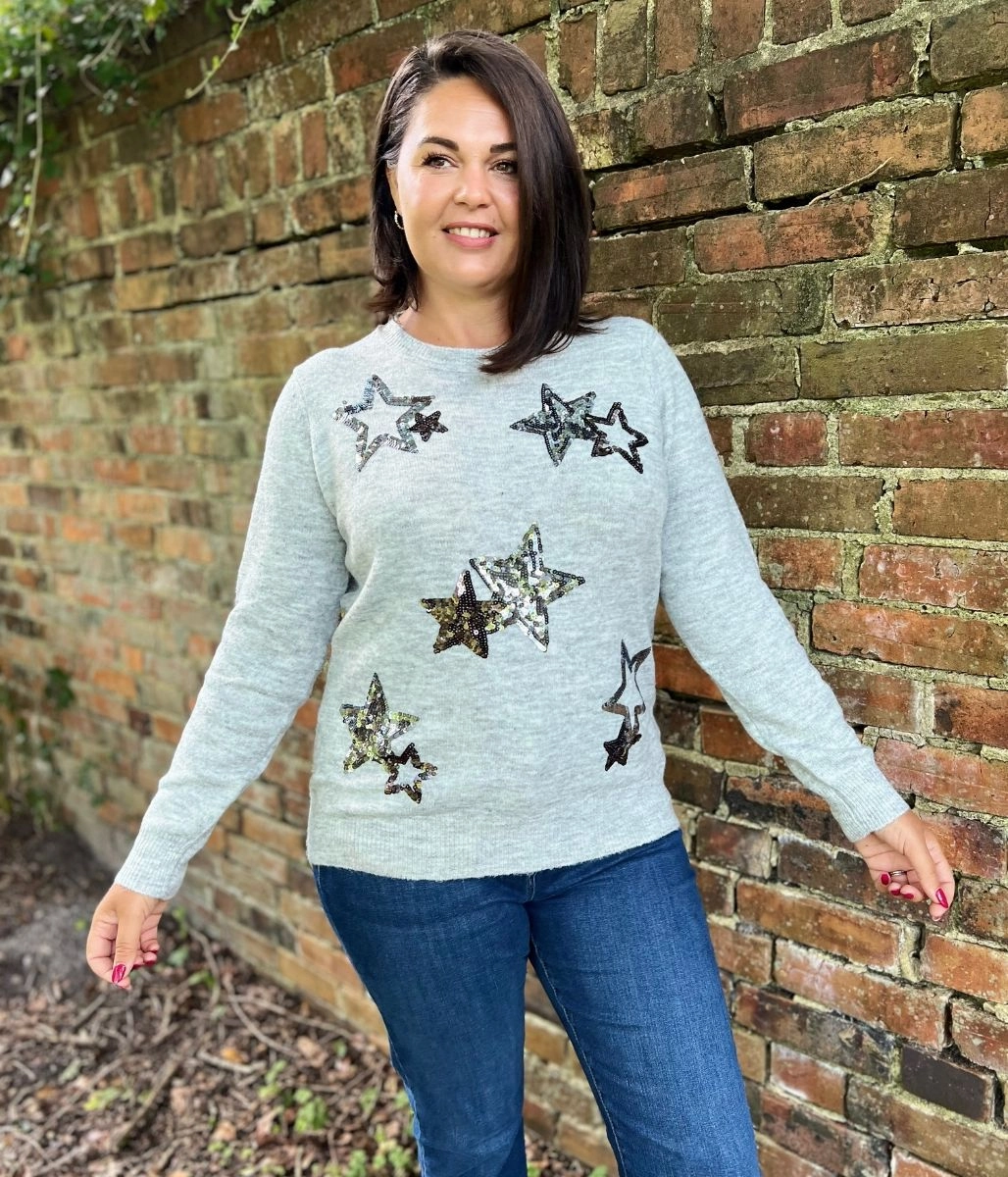Grey Star Sparkle Sequin Jumper Waffle Knit Comfy Layer Fit