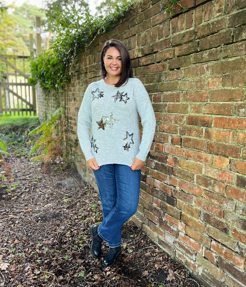 Grey Star Sparkle Sequin Jumper Cozy Fleece All Day Fit