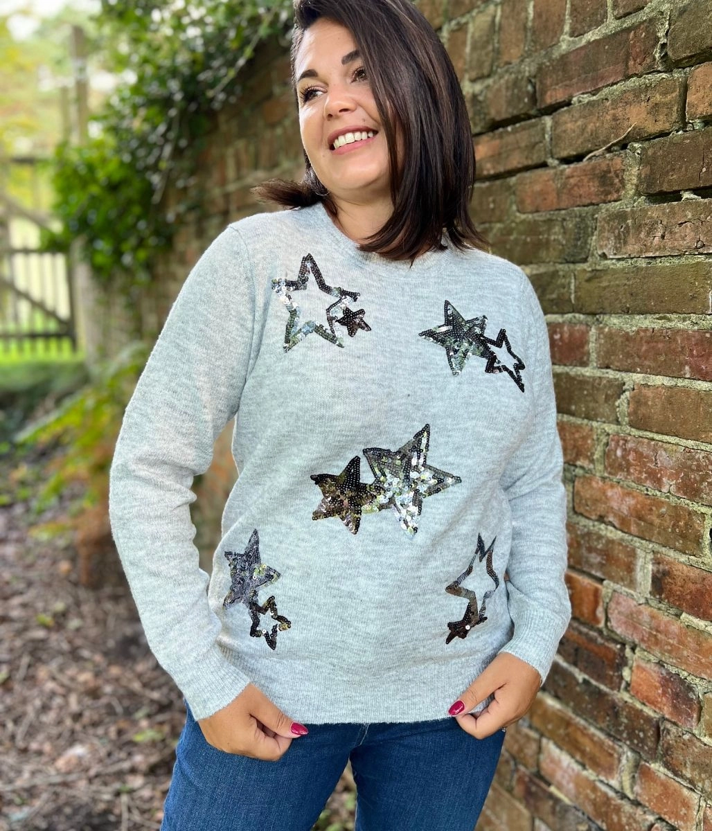 High Density Weave Comfy Fit Grey Star Sparkle Sequin Jumper