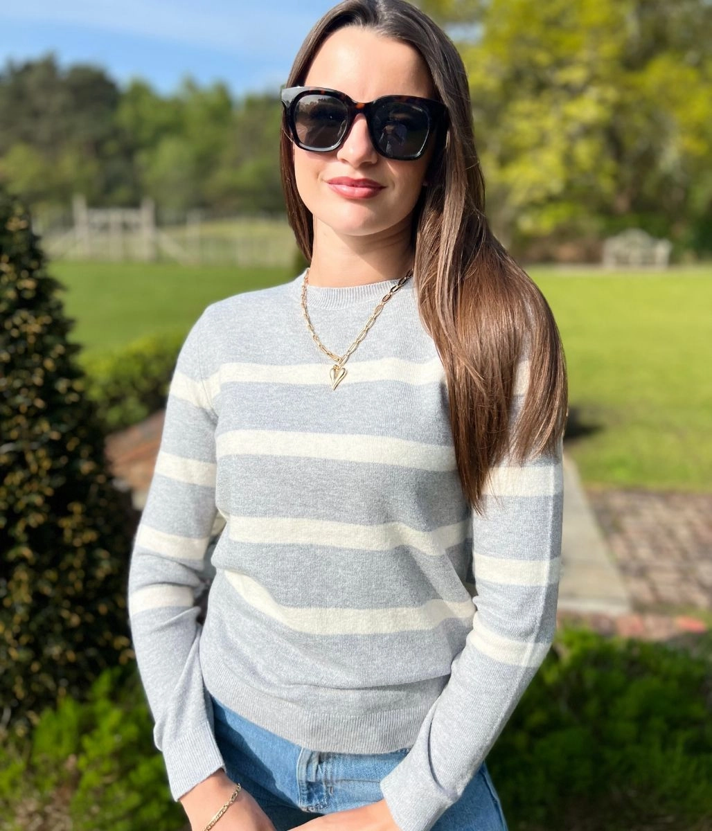 Grey Striped Classic Fine knit Jumper Easy Care Fabric Oversized Fit