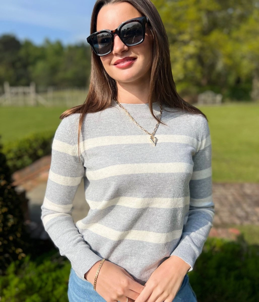 Grey Striped Classic Fine knit Jumper Trendy Winter