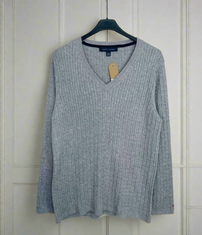 Warm Touch Stretch Flex Grey V Neck Cable Twist Jumper