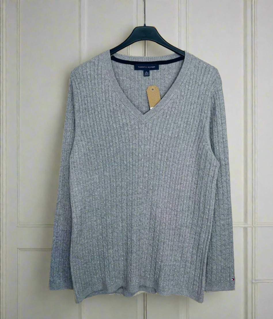 Warm Touch Stretch Flex Grey V Neck Cable Twist Jumper