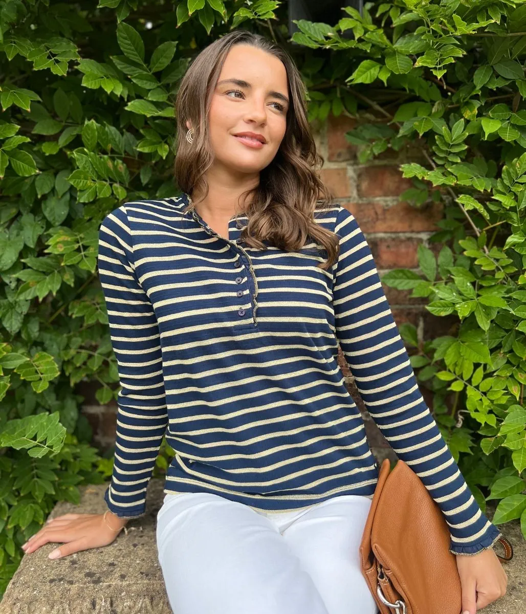 WaterResistantCoating Navy & Gold Daphne Striped Top