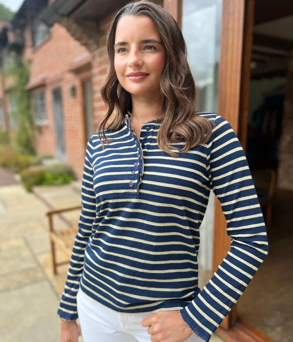 Navy & Gold Daphne Striped Top Durable Overlock Stitch