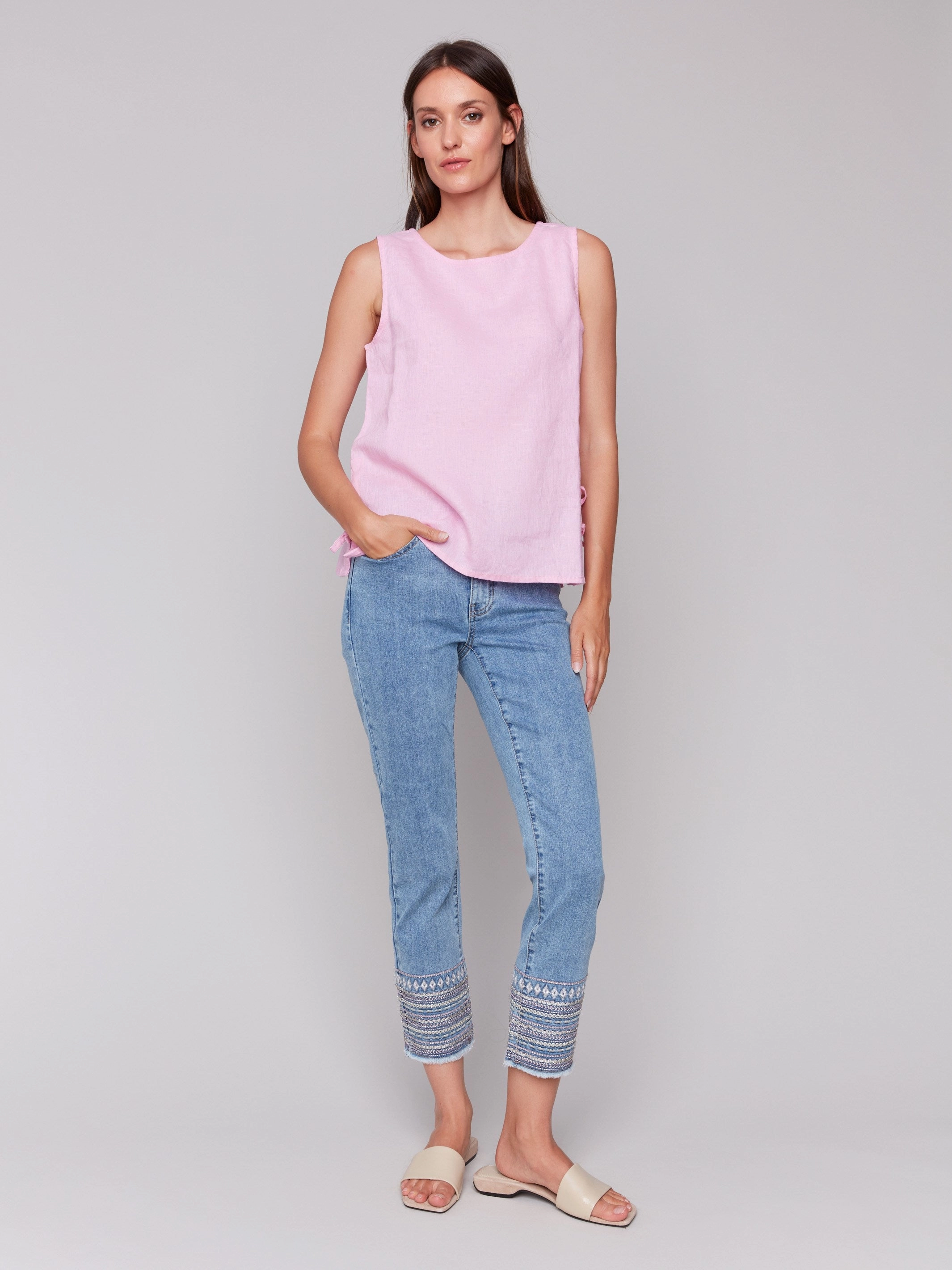 Sleeveless Linen Blend Top with Side Ties - Begonia Quick Dry Technology Low Maintenance