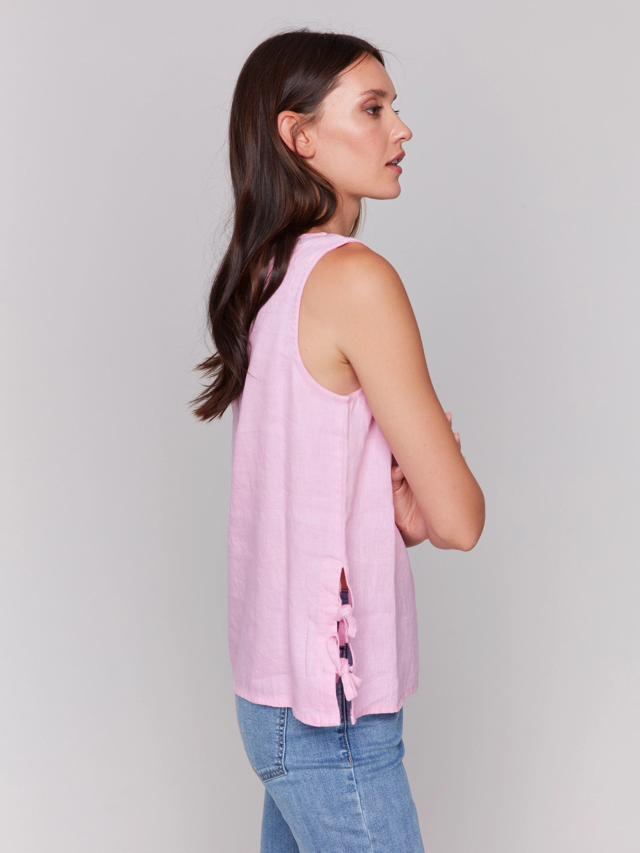 Sleeveless Linen Blend Top with Side Ties - Begonia Comfort-First Tailored Cut