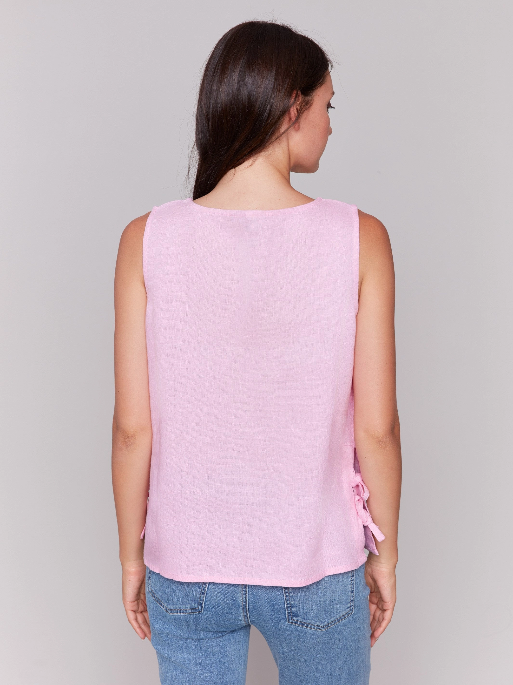 Sleeveless Linen Blend Top with Side Ties - Begonia Geometric Print